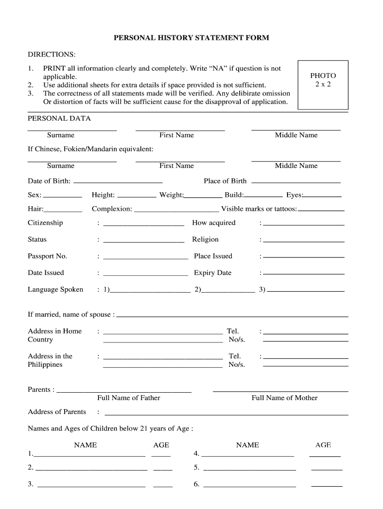 Personal History Statement Form Pnp