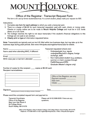 Mount Holyoke Transcript Request  Form