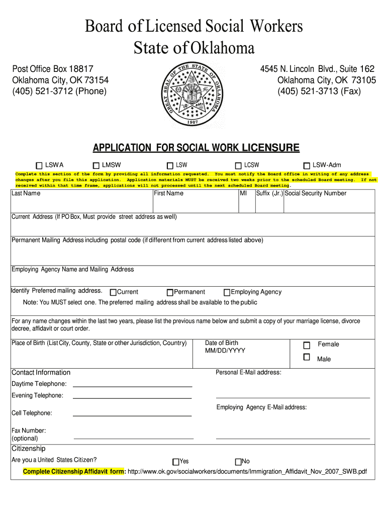 Application for Social Work Licensure State of Oklahoma  Form