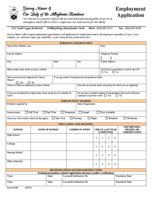 Employment Application Garvey Manor &amp; Our Lady of the  Form