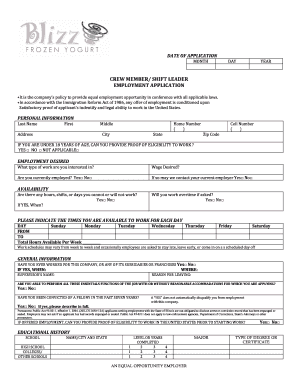 Blizz Frozen Yogur Print Out Job Application Form