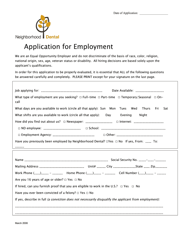  Employment Application  Neighborhood Dental 2006-2024