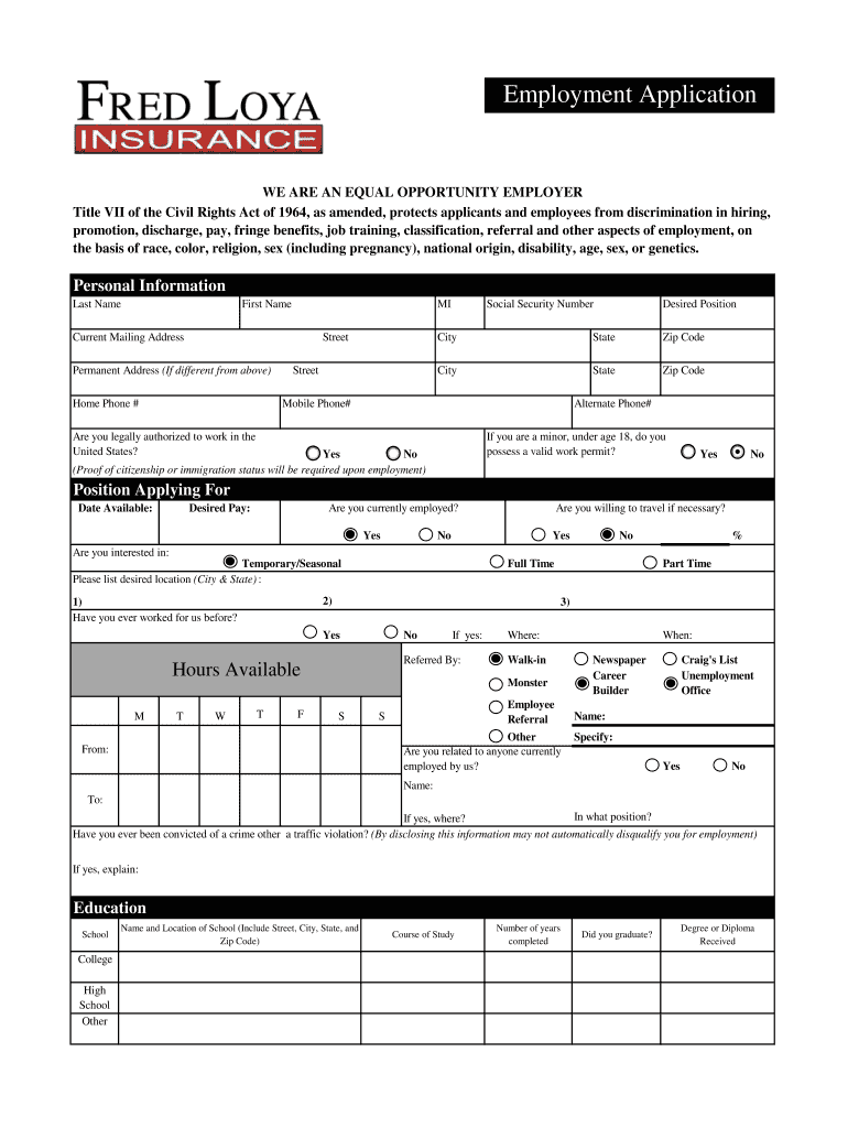 Fred Loya Careers Application  Form