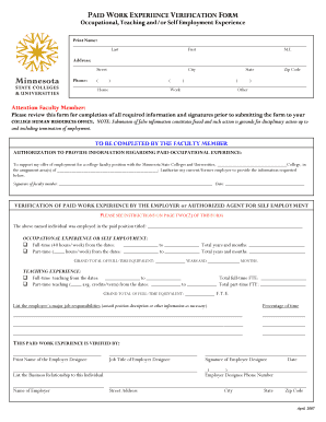 Paid Work Experience Verification Form Human Resources Division Hr Mnscu