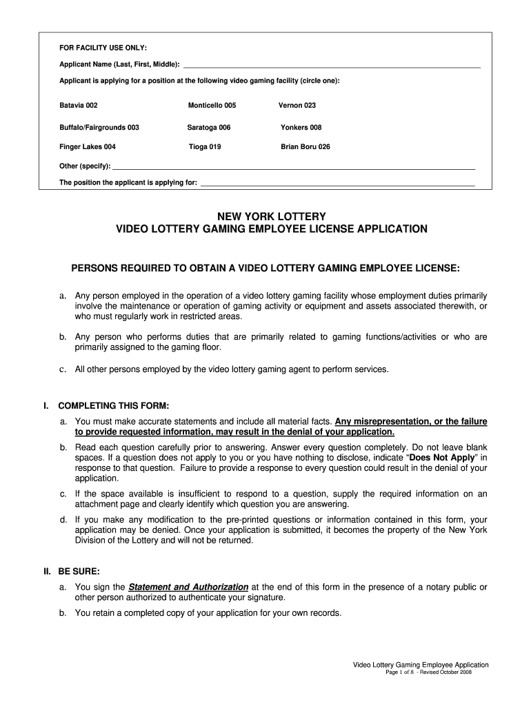 Ny Lottery Video Lottery Gaming Employee License Application Form