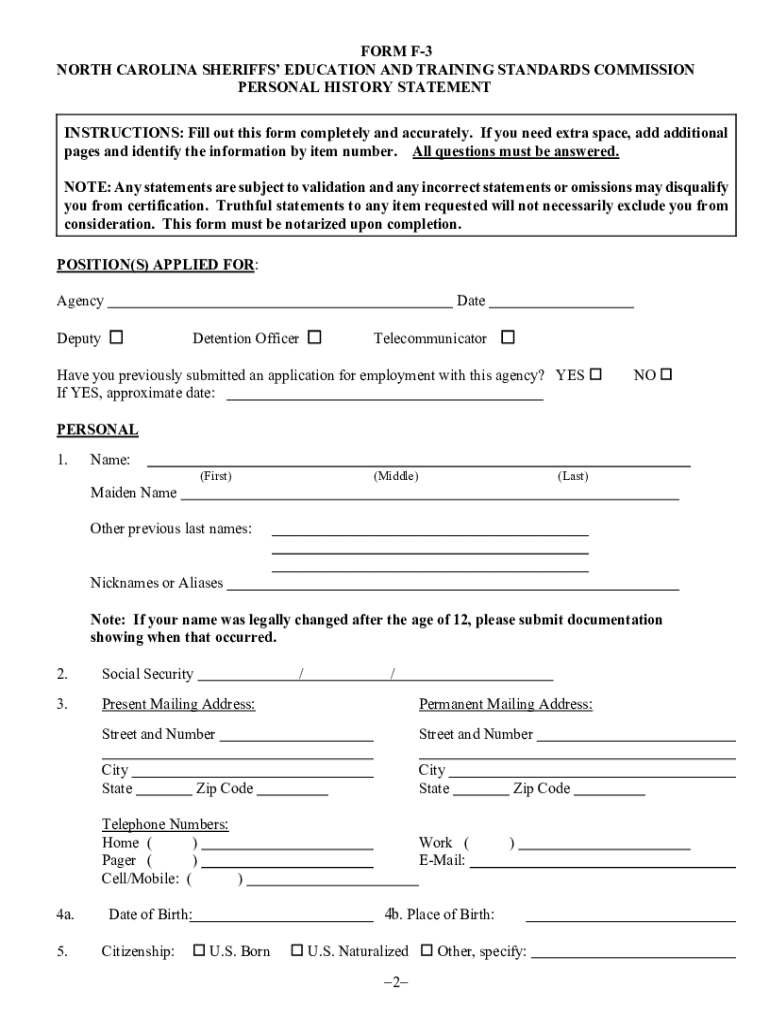  Nc Sheriffs Standards F3 PDF Form 2009