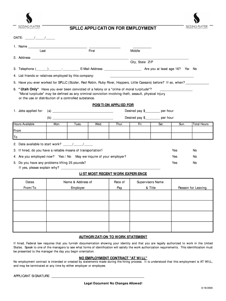  Sizzler Application PDF Form 2009