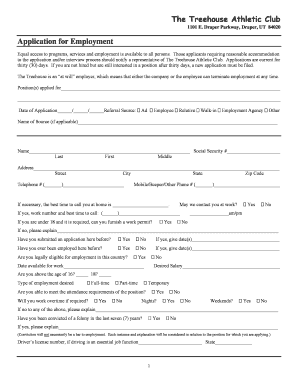Treehouse Athletic Club Job Application Form