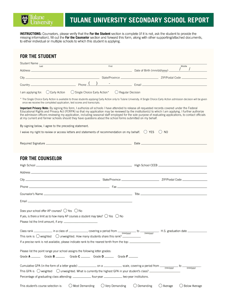 Tulane Secondary Report Form