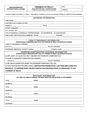Ridley Township Contractors License  Form