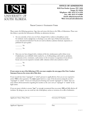 Prior Conduct Statement Form OFFICE of AdmISSIOnS Usfweb2 Usf