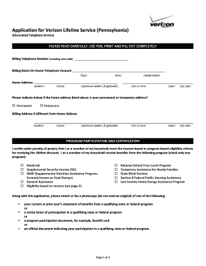 Application for Verizon Lifeline Service Pennsylvania  Form