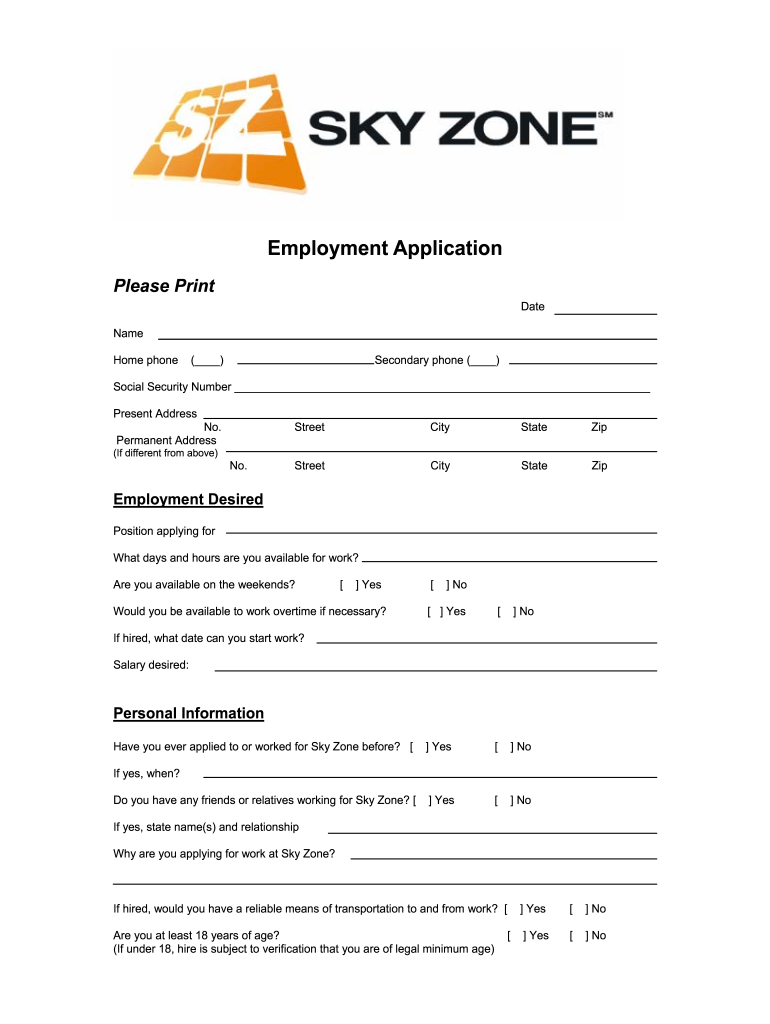 Sky Zone Application  Form