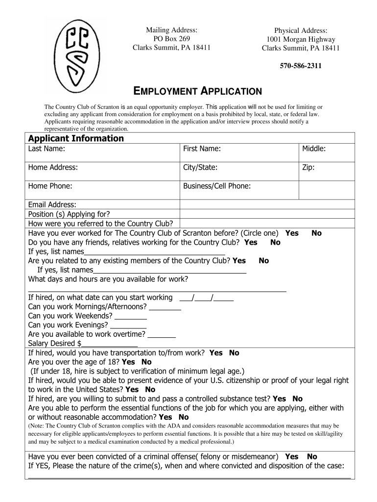 Employment Application the Country Club of Scranton  Form