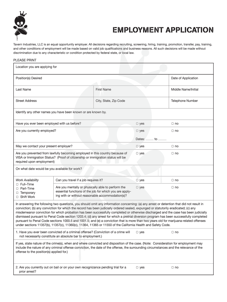 EMPLOYMENT APPLICATION  Tavern Bowl  Form