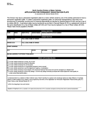 Application for Permanent Registration Plate North Carolina Ncdot  Form