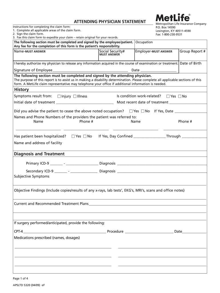  Metlife Attending Physician Statement Form 2009-2024