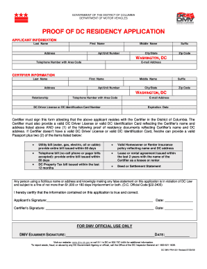 Proof of Dc Residency Application Department of Motor Vehicles Dmv Dc  Form