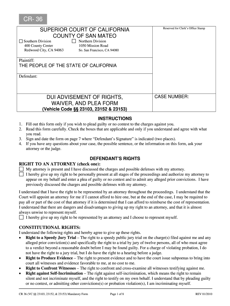  DUI Advisement of Rights, Waiver, and Plea Form the Superior Sanmateocourt 2010