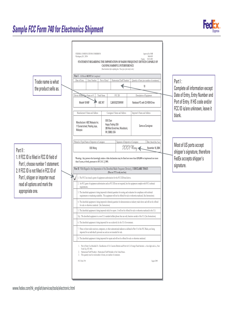 Fcc Form 740 for Electronics Shipment