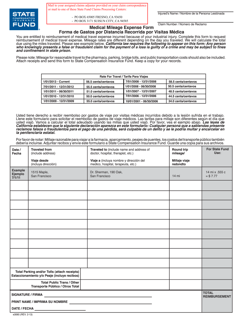  California State Fund Mileage Form 2013