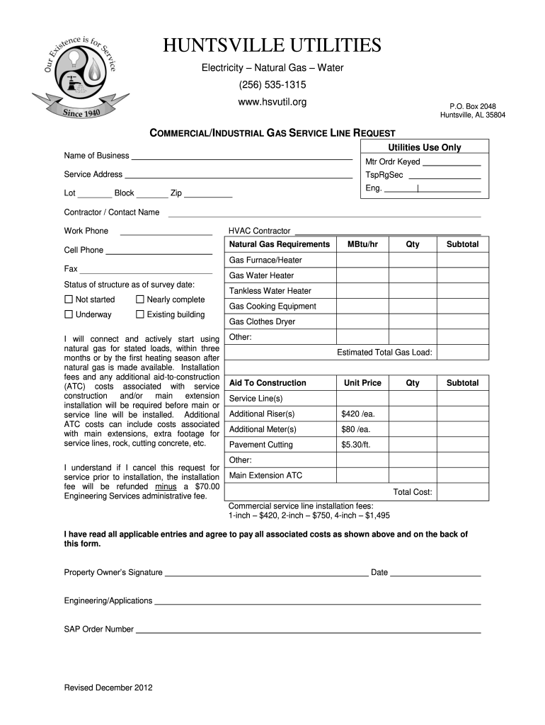  Commercial Gas Service Request Form  Huntsville Utilities 2012-2024