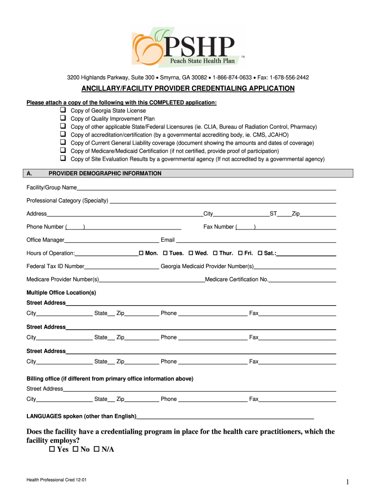 Ancillary and Facility Provider Credentialing Application  Form