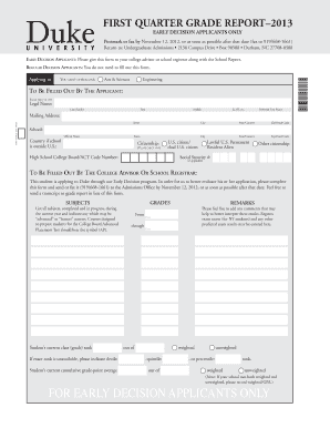 Duke First Quarter Grade Report  Form