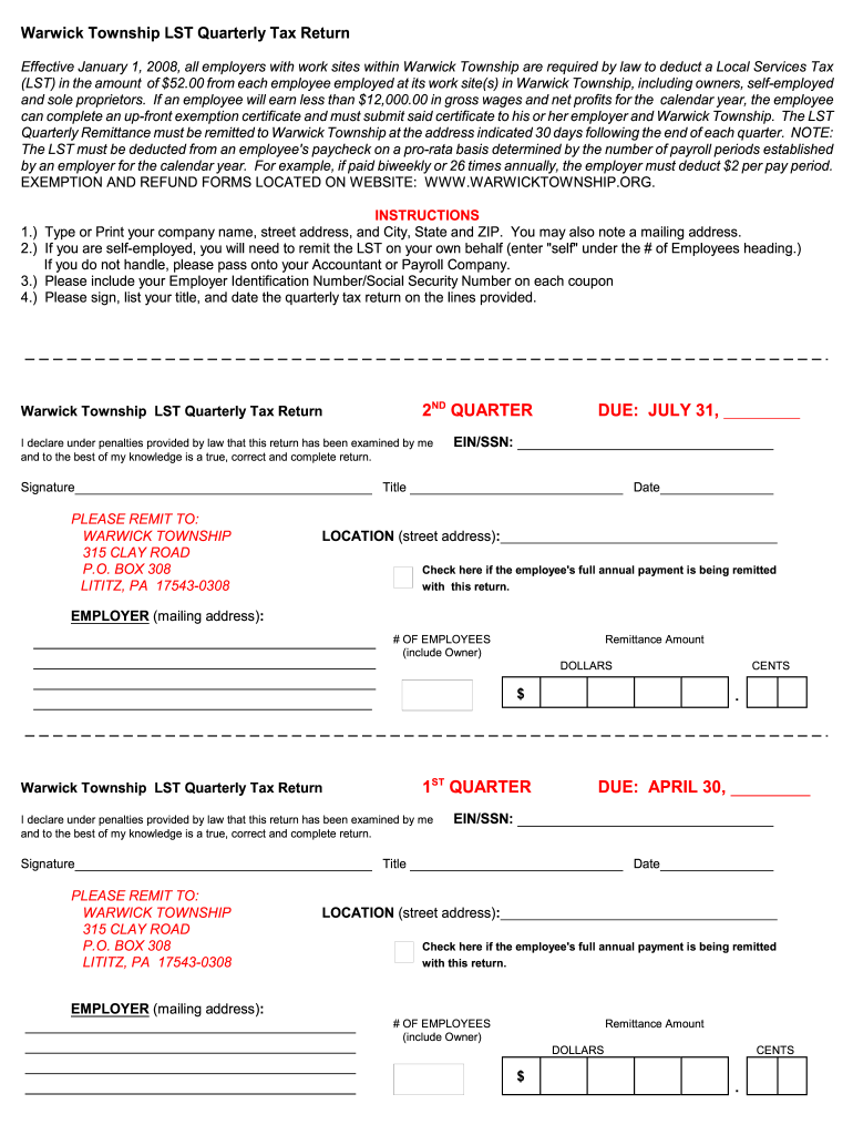 Warwick Township Lst Quarterly Tax Return  Form