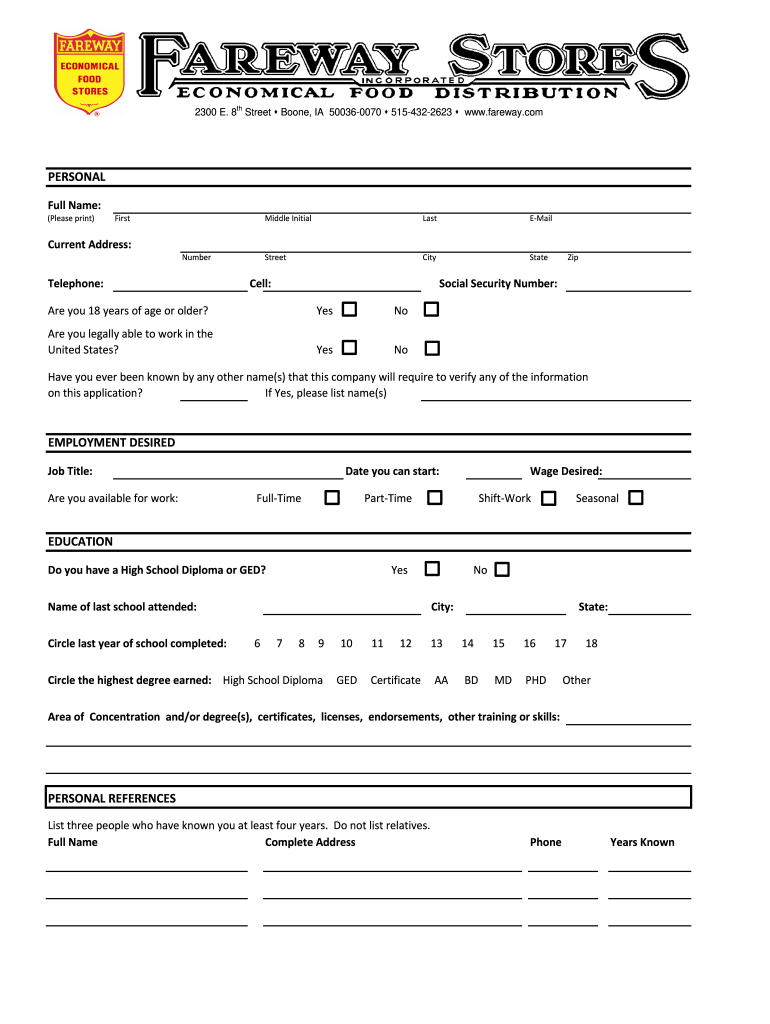 Fareway Application  Form
