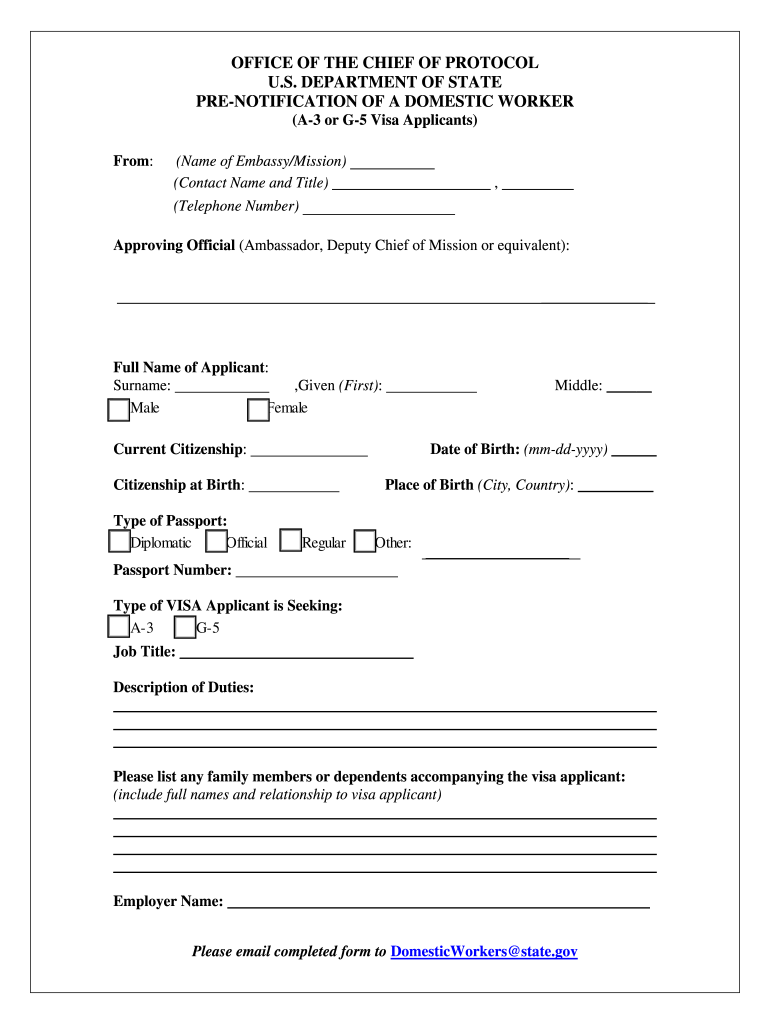 Pre Notification of a Domestic Worker Form