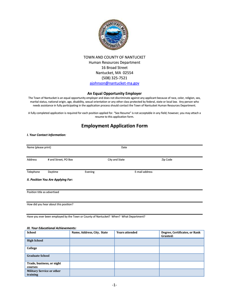 Get and Sign Nuntucket Hotel and Resort Employment Application  Form