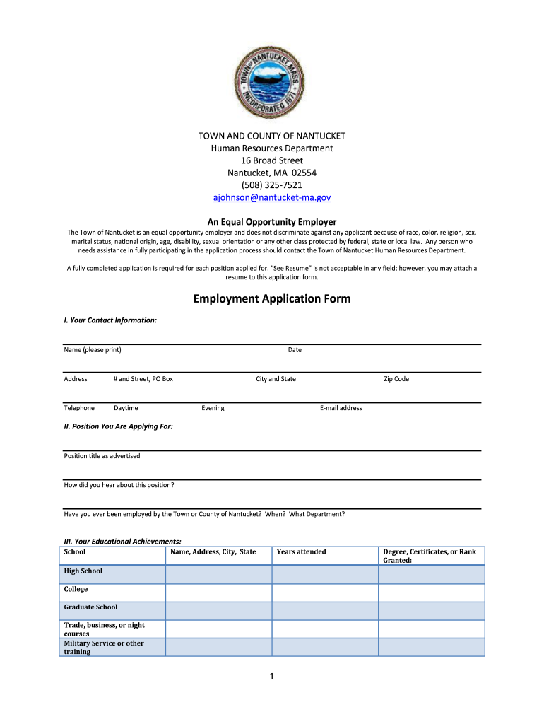 Nuntucket Hotel and Resort Employment Application  Form