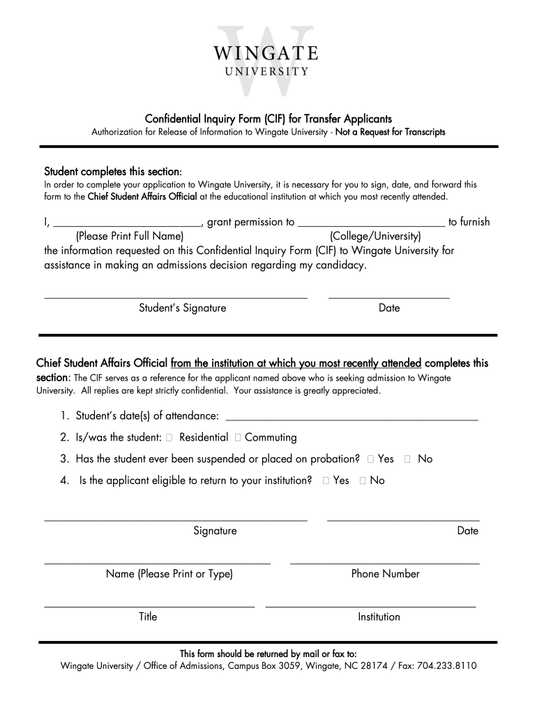 Confidential Inquiry Form Wingate University Wingate