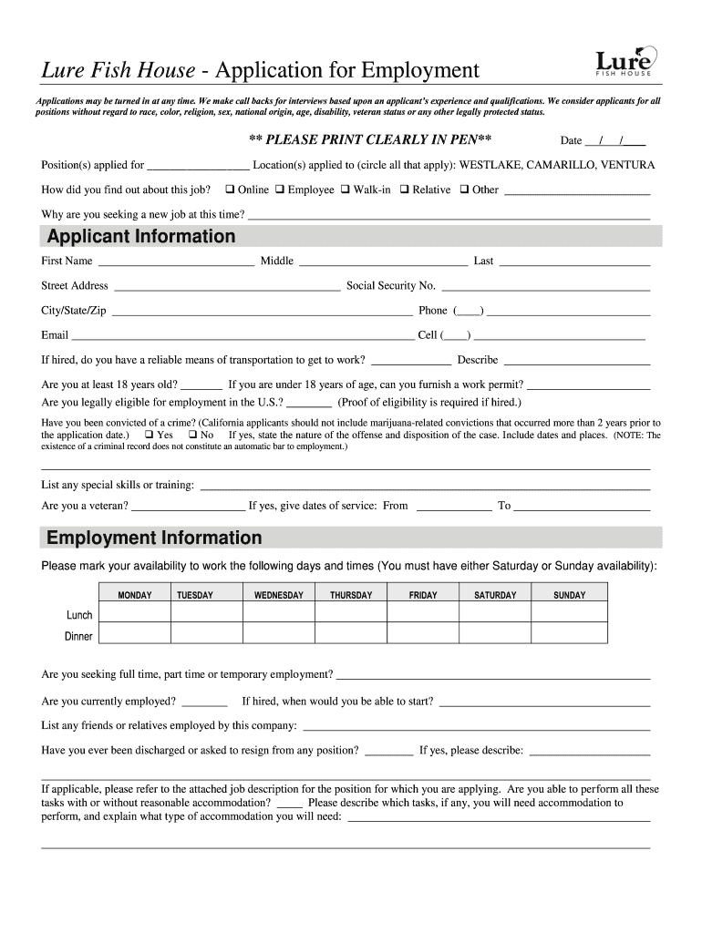 Lure Fish House Application  Form