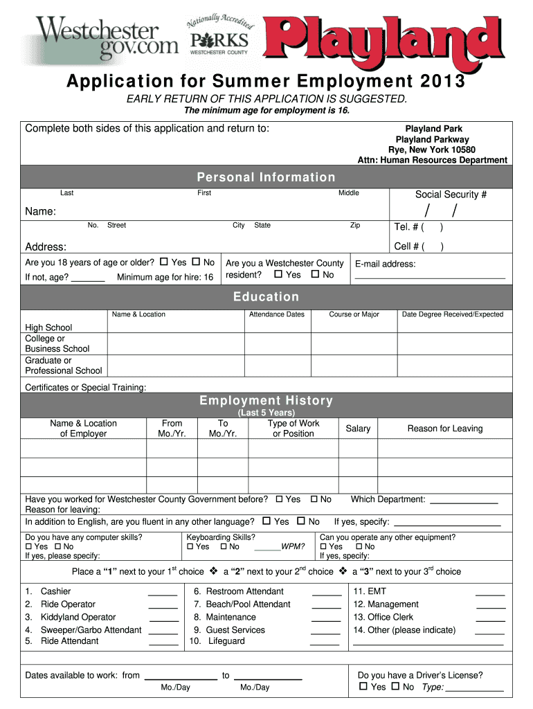  Playland Job Application 2013-2024