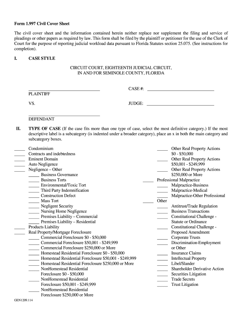 Seminole County Civil Cover Sheet  Form