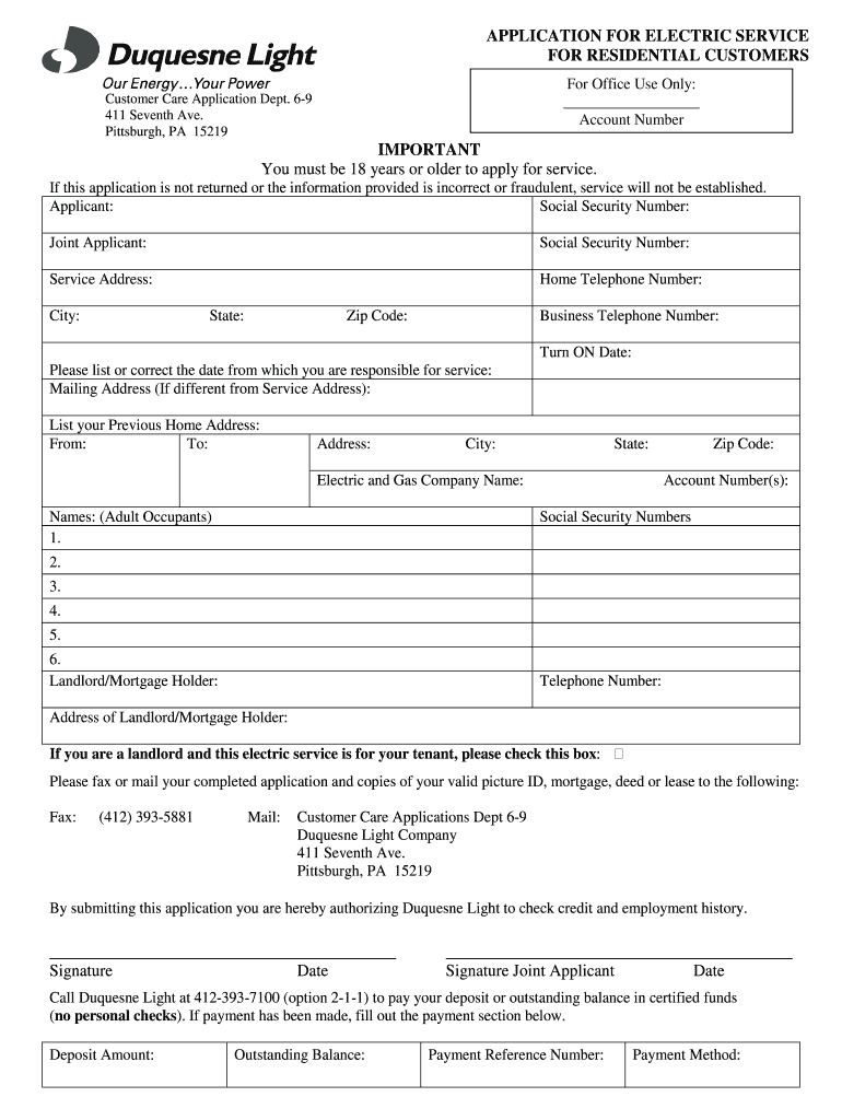 Duquesnelight Com Application  Form