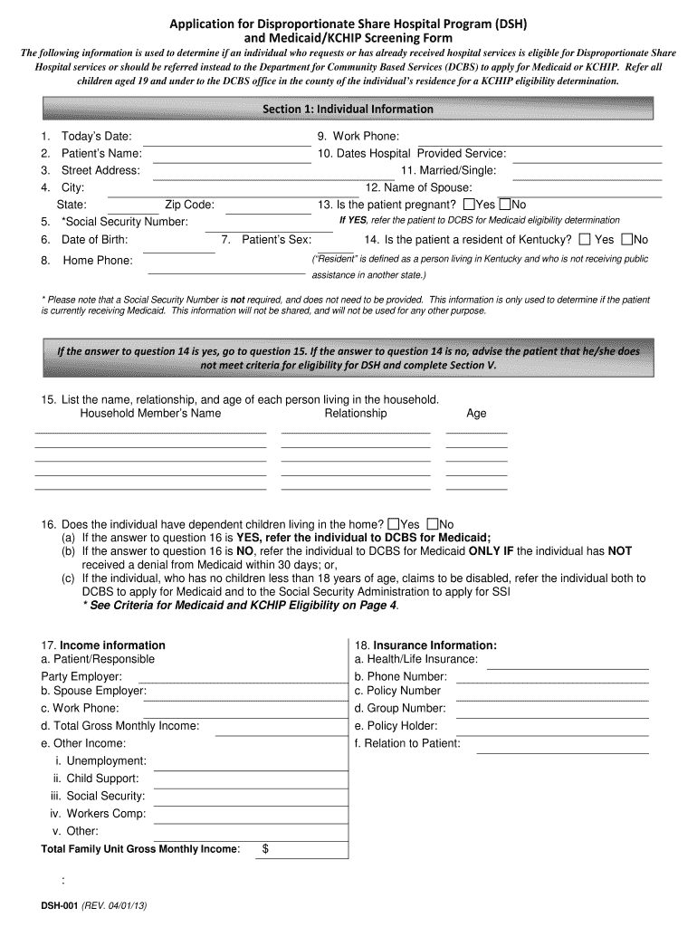  Application for Disproportionate Share Hospital Program Dsh and Medicaid Kchip Screening Form 2013