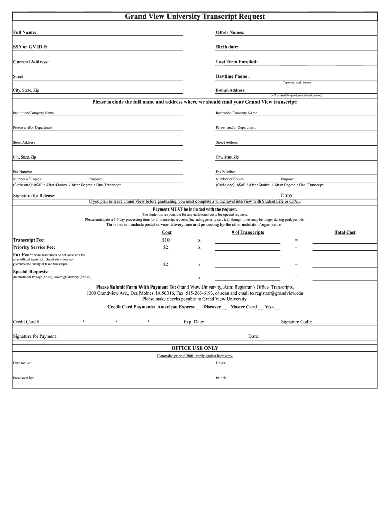 Get and Sign Transcript Request Form Grandview University
