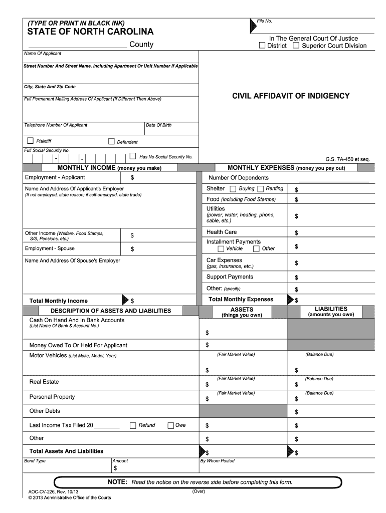 Nc Aoc Indigent Financial Form