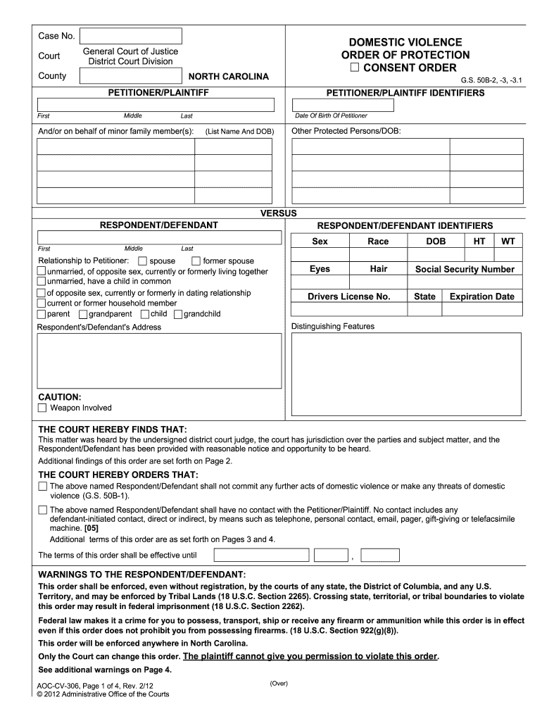 Domestic Violence Order of Protection Consent Order  North Carolina    Nccourts  Form