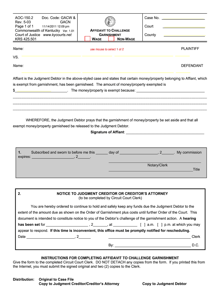 Ky Garnishment Form