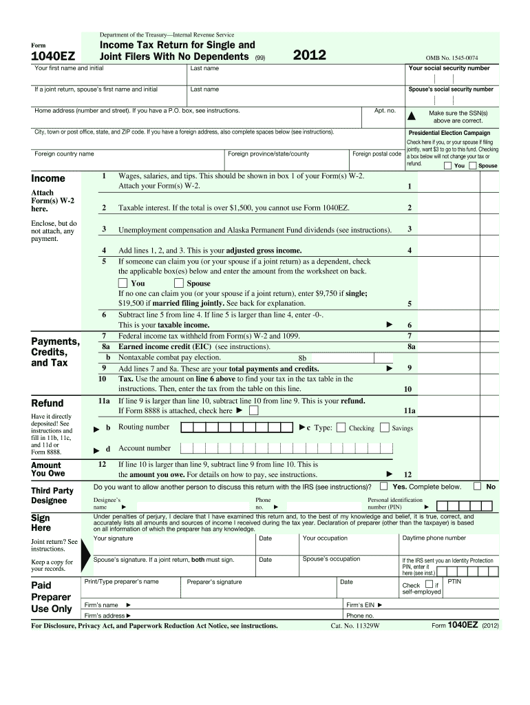  1040ez Form 2012