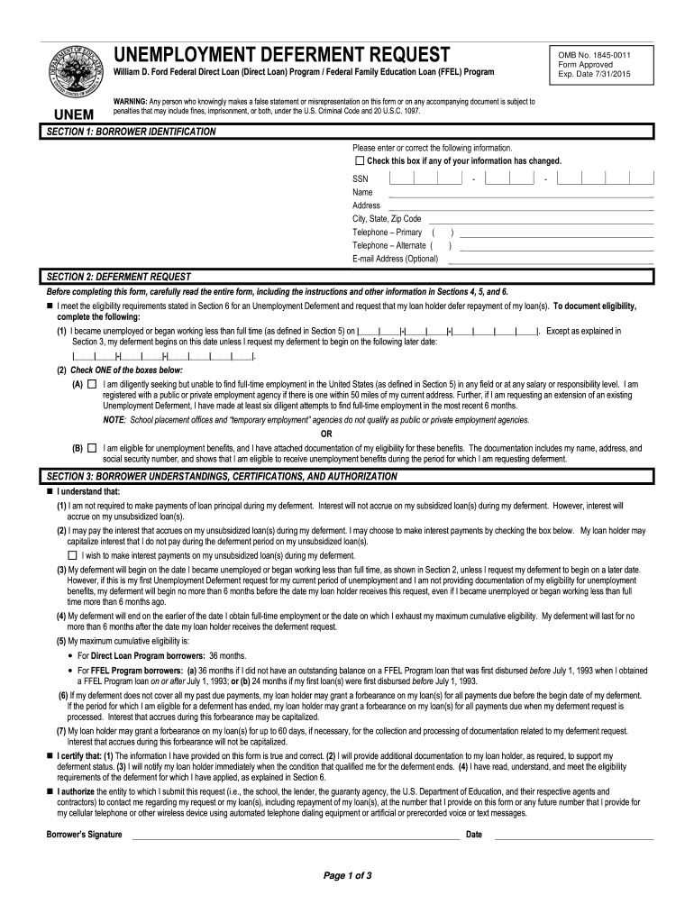 Department of Education Unemployment Deferment Form