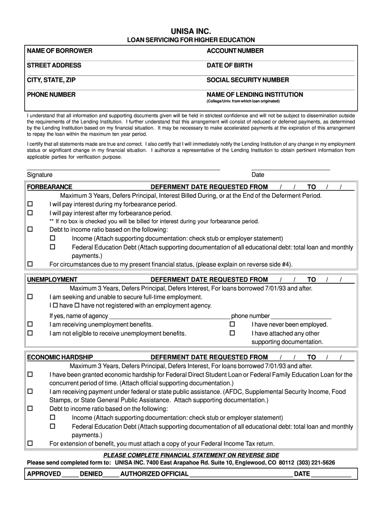 ForbearanceUnemploymentHardship Deferment Form Unisa Inc