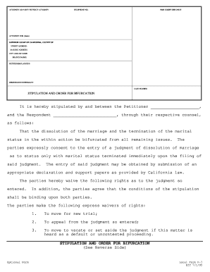 Stipulation for Bifurcation of Marital Status California  Form