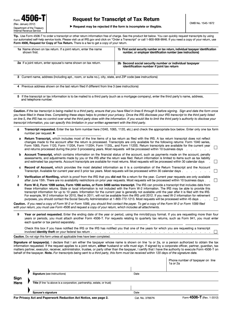  Tax Return Transcript  Form 2012