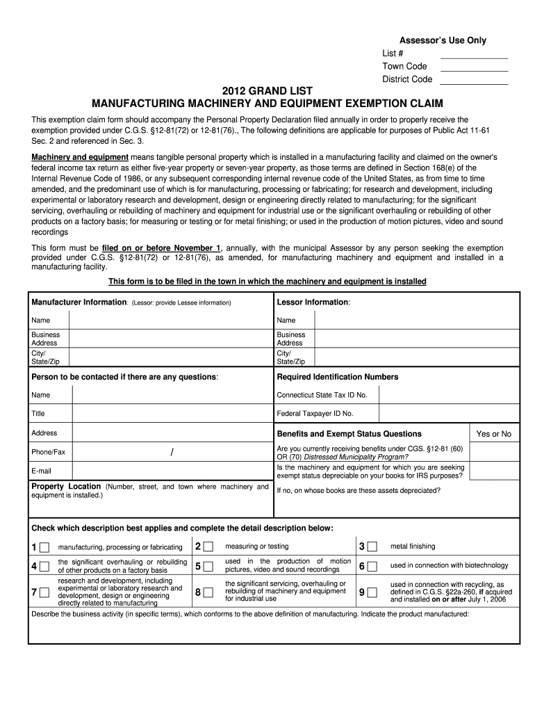 Manufacturing Machinery and Equipment Exemption Form Westhartford