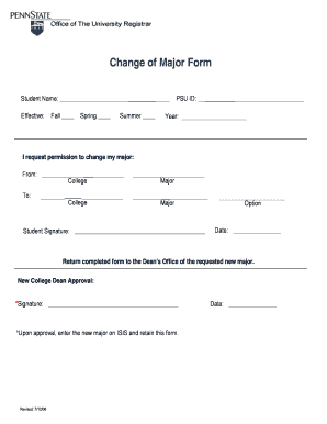 Change of Major Form Office of the University Registrar